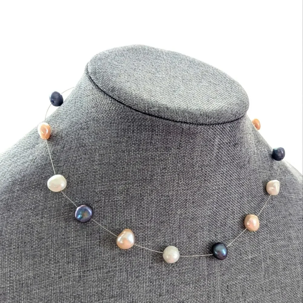 Vintage Large Pearl Memory Wire Sterling Silver Clasp Delicate Coastal Necklace